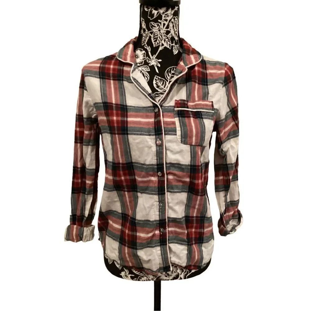 Stars Above Plaid Button Up Pajama Shirt Casual Flannel School Everyday